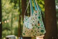 A tote bag hanging from a tree in a forest. Generative AI image.