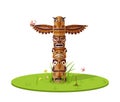 Totem fantastic birds on lawn illustration. Ancient Native American wooden statue of mythical creatures ethnically.