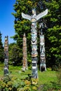 Totem poles from native Indian tribes are on exhibit for the public to see in Stanley Park in Vancouver.