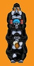 Totem With Three Wise Monkeys. Three Wise Gorillas Holding A Mug Of Beer, With Beer helmet and beer bottles.