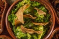 Totopos with guacamole, traditional Mexican food on a clay plate