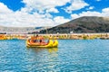 Totora boat near Uros floating islands on Titicaca lake, Peru