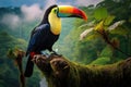 Toucan bird on the branch in the jungle, nature background, Toucan overlooking the Amazon rainforest, AI Generated