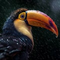 Toucan bird with colorful eyes and beak, in the rain