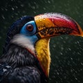 Toucan bird with colorful eyes and beak, in the rain