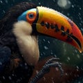 Toucan bird with colorful eyes and beak, in the rain