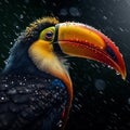 Toucan bird with colorful eyes and beak, in the rain