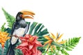 toucan bird, Greeting card, tropical plants, palm leaves and flowers hand drawn in watercolor, botanical painting Royalty Free Stock Photo