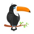 Toucan bird illustration. Toucan sits on a branch with leaves