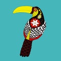 Toucan. Ornament Embroidery. Hand Drawn Pattern. Outline Coloured