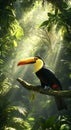 The toucan bird is perched on a moss-covered limb, looking in the direction of natural light Royalty Free Stock Photo