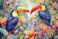 Toucan birds in colorful jungle background. Generative AI