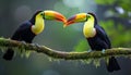 Toucan Birds On Tree Branch In Tropical Forest With Blurred Green Vegetation Background