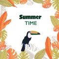 Toucan birds and tropical leaves summer time frame design element