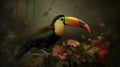 Toucan on Branch with Vibrant Birds and Flowers: Earthy Palette Nature Photography, Generative AI