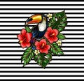 Toucan embroidery patches with tropical flowers and leaves.