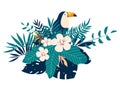 Toucan embroidery patches with tropical flowers and leaves.