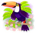 Toucan, exotic bird living the tropical rain-forest. Fantasy illustration kids. Cover for children fairy tale baby book.