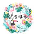 Toucan with flamingo, parrot, tropical flowers, palm leaves, hibiscus.