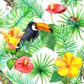 Toucan, gecko, tropical leaves, exotic flowers. Seamless jungle pattern. Watercolor Royalty Free Stock Photo