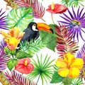 Toucan, gecko, tropical leaves, exotic flowers. Seamless jungle pattern. Watercolor Royalty Free Stock Photo
