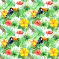 Toucan, gecko, tropical leaves, exotic flowers. Seamless jungle pattern. Watercolor Royalty Free Stock Photo