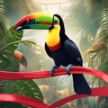 A toucan leading a tropical bird parade, carrying a banner that says \