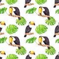 Toucan and monstera. Watercolor hand drawn seamless pattern with tropical bird and leaves Royalty Free Stock Photo