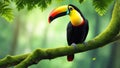 Toucan on mossy tree branch in forest ai generated