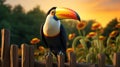 Happy Toucan Poses On Farm Fence Post With Lush Cornfield Background