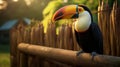 Happy Toucan Poses On Farm Fence With Lush Cornfield Background