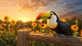 Happy Toucan Poses On Farm Fence Post With Lush Cornfield Background