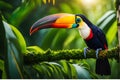 Toucan Perched on Gnarled Branch: Iridescent Feathers Catch Jungle\'s Dappled Light