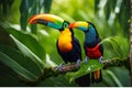 Toucan Perched on Gnarled Branch: Iridescent Feathers Catch Jungle\'s Dappled Light Royalty Free Stock Photo