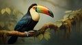Realistic Toucan Painting On Branch - Hyper-detailed Historical Illustration