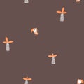 Toucan seamless minimalistic pattern with palm trees. Cute cartoon characters on a brown background. Hand-drawn