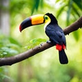 Toucan sitting on the branch in the forest, green vegetation.