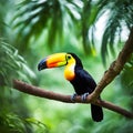 Toucan sitting on the branch in the forest, green vegetation.