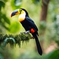 Toucan sitting on the branch in the forest, green vegetation.