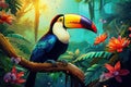 Toucan sitting on a branch in the jungle. Illustration, Toucan in the jungle,Tropical birds in nature, AI Generated Royalty Free Stock Photo