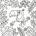 Toucan sitting on branch among leaves coloring page, outline cartoon vector illustration