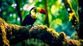 Toucan sitting on tree branch in forest with ferns. Generative AI Royalty Free Stock Photo