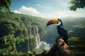 Toucan on the top of a waterfall in Costa Rica, A toucan overlooking the Amazon rainforest, AI Generated Royalty Free Stock Photo