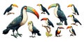 Toucan tropical bird, cartoon style vector set. Flying animal from different angles with beak, wings. Detailed flat Royalty Free Stock Photo