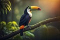 Toucan tropical bird sitting on a tree branch in natural wildlife environment in rainforest jungle. generative AI Royalty Free Stock Photo
