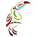 Toucan tropical bright bird on a branch, silhouette drawn by curved lines on a white isolated background. Tattoo, logo, emblem