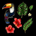 Toucan and tropical flowers and leaves embroidery elements.