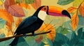 Tropical Toucan Bird Perched on Branch Surrounded by Vibrant Autumn Leaves Royalty Free Stock Photo