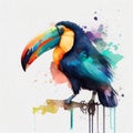 Toucan Watercolour Brightly Marked Large Colourful Orange Bill Black White Exotic Bird Radiant Feathers Generative AI