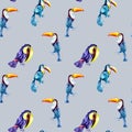 Toucans, exotic tropical birds watercolor seamless pattern on blue background